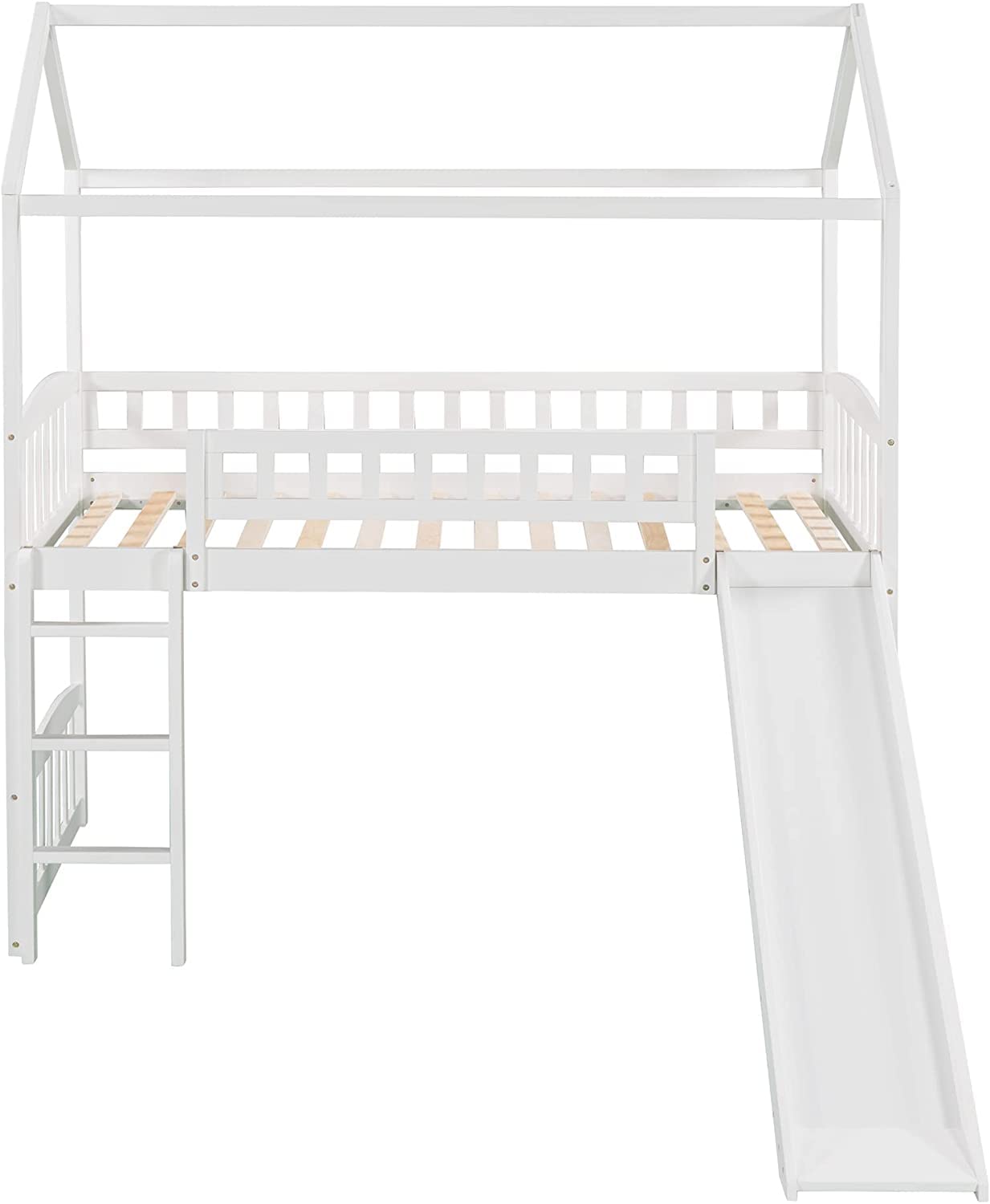 DNYN Twin Size Loft Bed with Slide and Guardrail - Elegant House-Shaped Solid Wood Frame in White - WoodArtSupply