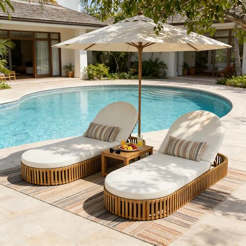 Merax Acacia Wood Chaise Lounge with Curved Cushion, Outdoor Sun Lounger for Patio, Poolside and Garden, Teak Finish Wood Recliner, 80.8" L, Supports 300 lbs, Cream
