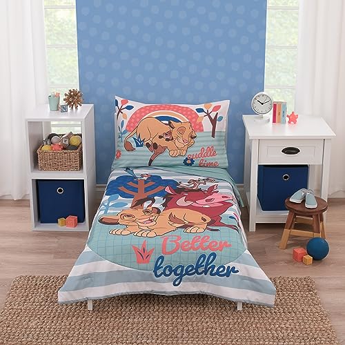 Disney The Lion King Blue, Tan, and Orange, Better Together 4 Piece Toddler Bed Set - Comforter, Fitted Bottom Sheet, Flat Top Sheet, and Reversible Pillowcase NoJo