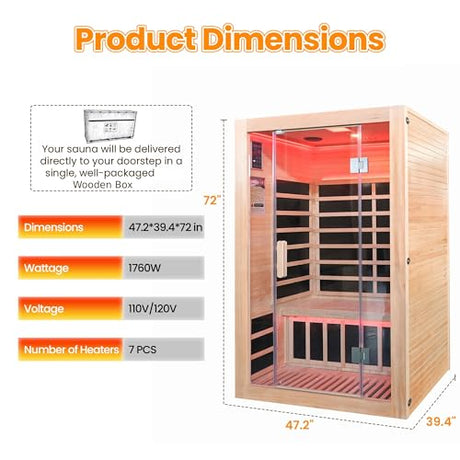 Iwoodhome Canadian Hemlock 2 Person Infrared Sauna with Red Light Therapy, Bluetooth, 1760W 120V Low EMF with Control Pane Home Indoor Dry Sauna Room for Gym & Spa 2Person 47.2" W x 39.4" D x 72" H IWOODHOME