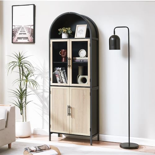 HUSHEDIFY Arched Storage Cabinet with Glass Doors & Shelves, 5-Tier Farmhouse Bookcase Bookshelf Tall Floor Curved Hutch Storage Cabinet for Living/Dining/Office - Oak&Black HUSHEDIFY