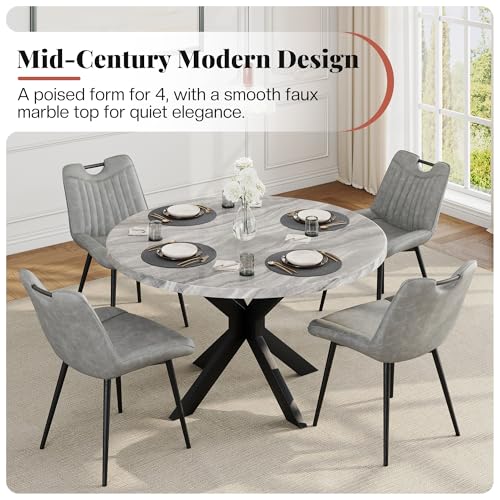 Jocisland 45" Marble Top Round Dining Table and Chairs for 4, Mid Century Modern Dining Room Table Set, Space Saving for Apartment Kitchen (Table + 4 Vertical-Stitching Grey Chairs) Jocisland