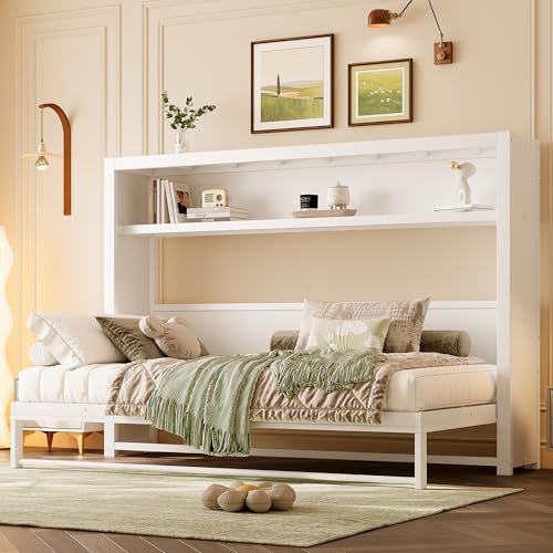Harper & Bright Designs Twin Size Horizontal Murphy Bed with Shelves, Modern Metal Platform Bed Frame with Foldable and Space-Saving Design, for Home Guest Room Small Room, White Harper & Bright Designs