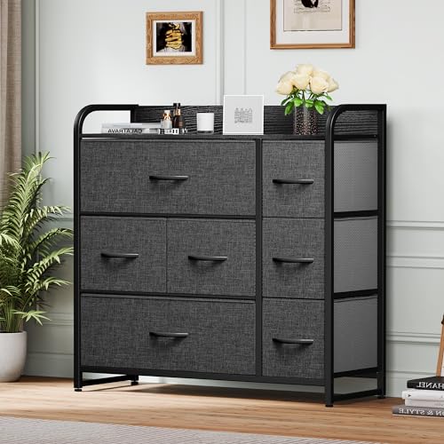 DWVO 7 Drawers Dresser, Organizer Unit for Bedroom, Fabric Dresser Storage Tower for Hallway, Entryway, Closets, Sturdy Steel Frame, Wooden Top DWVO