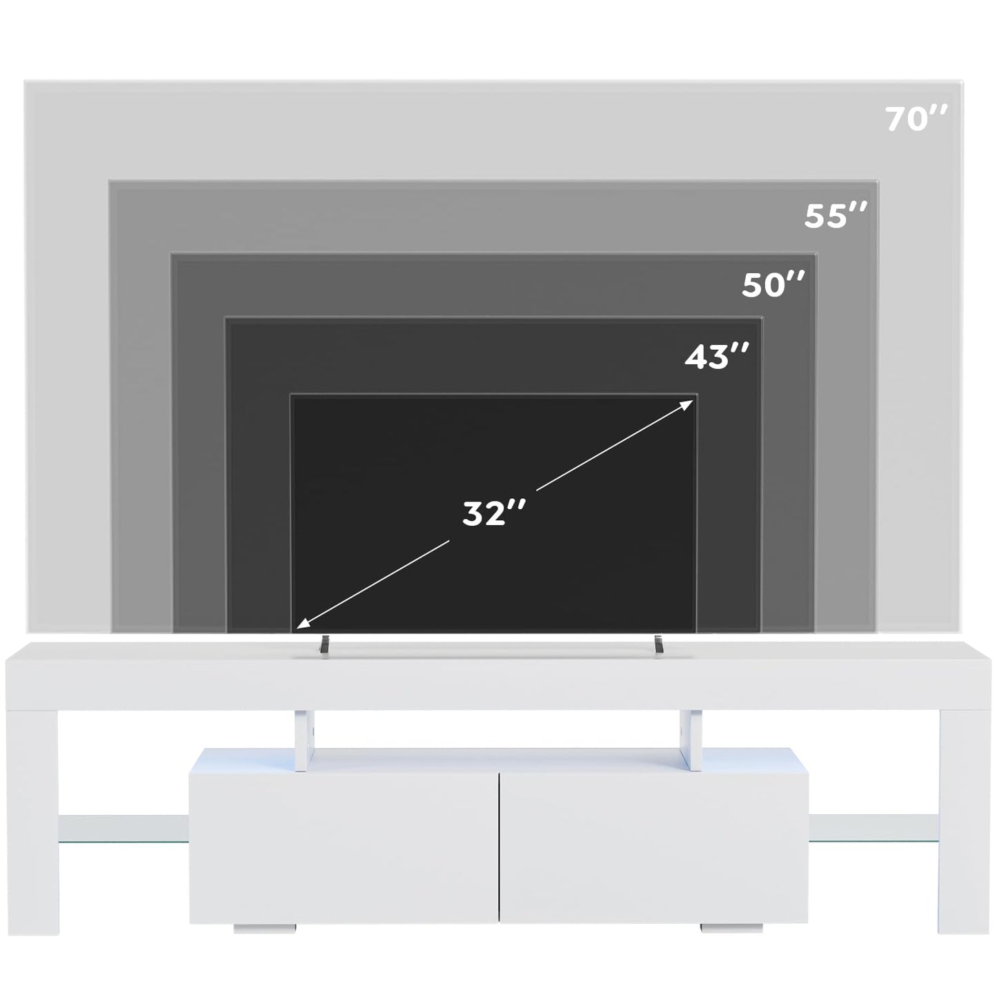 JUMMICO TV Stand, Modern Lighting TV Cabinet Entertainment Center Media and Open Shelf, TV Console Table with 1 Drawer and Remote Control, 20 Color LED Lights up to 70 Inch TV (White)