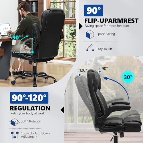 PU Leather Executive Office Chair, Ergonomic High-Back Computer & Gaming Chair with Adjustable Height, Rolling Swivel & Flip-Up Armrests, Comfy Padded Seat for Home Office-Black FelixKing