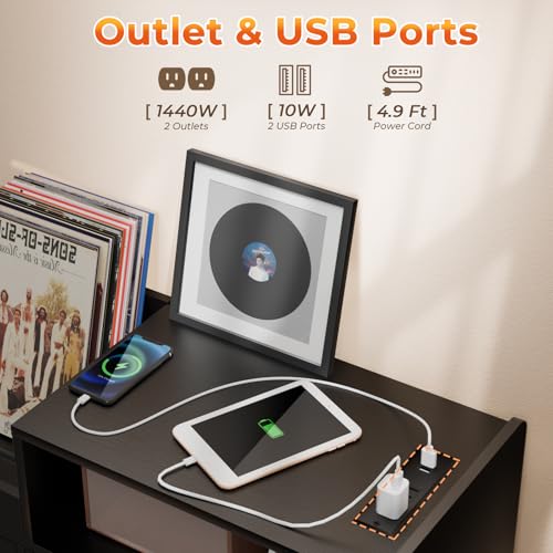Upgraded Large Black Record Player Stand -Turntable Stand Shelf with with Power Outlet and LED Light,Vinyl Record Storage Cabinet Up to 350 Albums,Wood Record Player Holder Table for Living Room Loomie