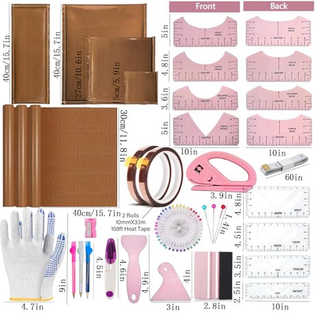 QUKLOGEN Heat Press Pillow Bundle Tools Kit Include 4 Heat Pressing Transfer Pillow Mat 3 Pack Teflon Sheet for Heat Press 2 Rolls Heat Resistant Tape 12 Different Size T Shirt Guide Ruler QUKLOGEN