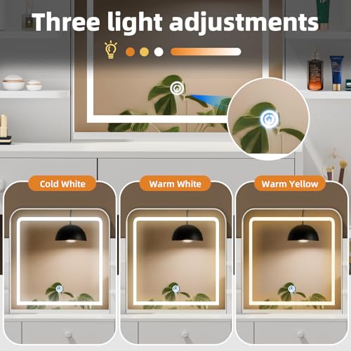 Oiroporz White Makeup Vanity Desk with LED Mirror & 5-Tier Sloped Shelves, 7 Open Storage Areas & 3 Drawers, Adjustable 3-Color Lighting Dressing Table Oiroporz