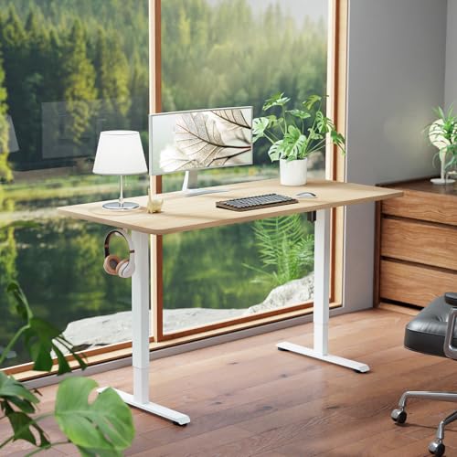 Veken 55 Inch Large Electric Standing Desk, 4 Memory Heights Adjustable,Sit to Stand Up, Work Home Office Computer Table for Study, Walking Pad, Writing, and Games, Wooden Desktop Desks, Nature Wood Veken