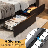LUXOAK King Farmhouse Bed Frame with Bookcase Headboard and 4 Drawers, LED Storage Bed with Charging Station & Linen Upholstered, No Box Spring Needed,Black LUXOAK