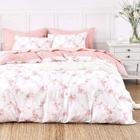 Wake In Cloud - Floral Comforter Set, Shabby Chic Coquette Cottagecore Farmhouse Style with Romantic Flower Pattern, Soft Lightweight Bedding, 3-Piece, Pink White, Twin/Twin XL Size Wake In Cloud
