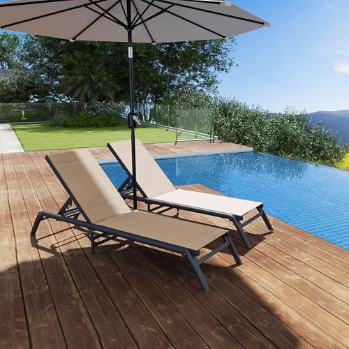 Murago Outdoor Chaise Lounge Chairs Set of 2, No Assembly Required, 5-Position Adjustable Backrest, Foldable Lightweight Patio Lounge for Poolside, Deck, Lawn & Beach, Khaki