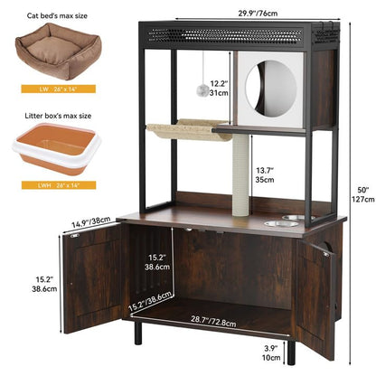 YITAHOME Cat Litter Box Enclosure with Shelves and Charging Station, Large Hidden Litter Box Furniture Cabinet Wooden Cat Washroom with House Condo, Scratch Post, Feeding Station, Rustic Brow - WoodArtSupply