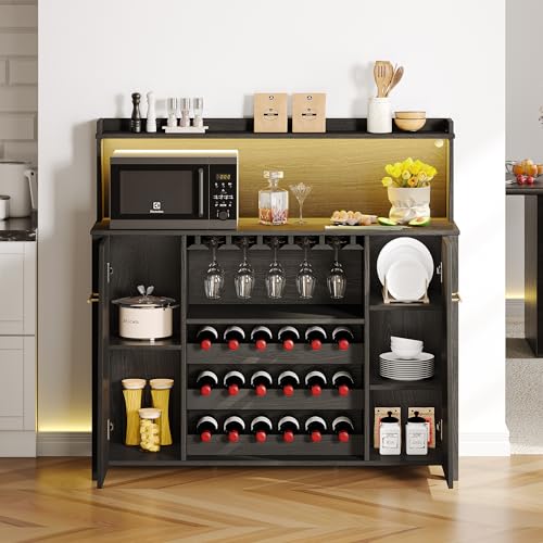 DWVO Bar Cabinet with LED Lights, 47'' Sideboard Buffet Coffee Bar Cabinet with Wine Rack and Glass Holder, Liquor Cabinet with Adjustable Shelf for Living Room, Kitchen, Dining Room, Black - WoodArtSupply