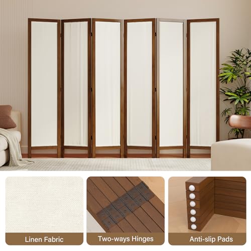 Linen Room Divider Privacy Screen, Foldable Wood Frame Partition Room Dividers with Removable Linen Fabric Curtain, Room Divider Panel, Zero Assembly for Home, Office, or Studio Brown 6 Panel Svimi