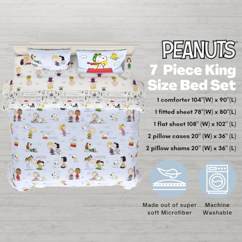 Peanuts® Charlie Brown, Snoopy & Gang Bedding, 7 Piece Super Soft Cozy Reversible Comforter and Sheet Set with Sham, King, (100% Official Licensed Product) by Franco Collectibles Franco