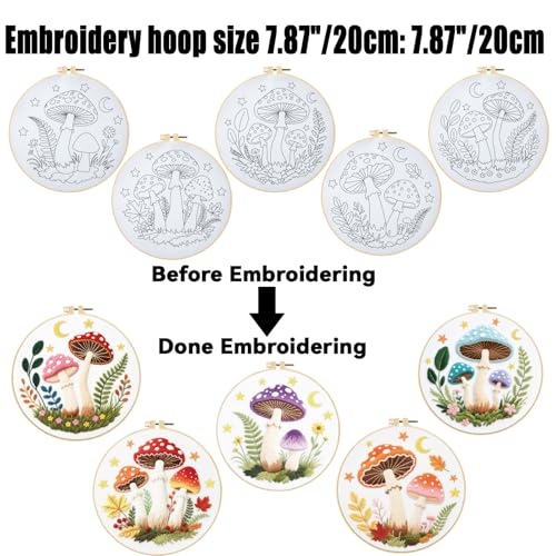 ORIGACH 5 Pack Mushroom & Plants Embroidery Kits for Beginners DIY Starter Hand Embroidery Kit with Floral and Plants Patterns and Instructions for Adults Women Crafting