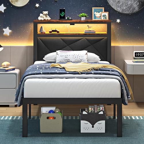 ChicZhiNest Twin Size Bed Frame with 2 Tier Upholstered Storage Headboard and Under Bed Storage,Platform Bedframe with LED Lights and Charging Station, No Box Spring Needed,Easy Assembly,Grey ChicZhiNest