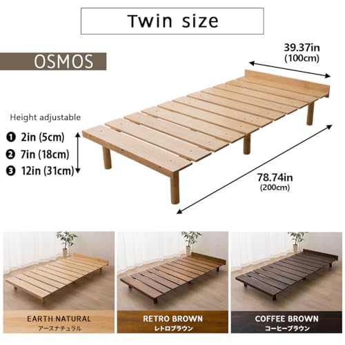EMOOR Japanese Futon Mattress & Wood Slatted Bed Set Machi-OSMOS Twin (Earth-Natural), Solid Pine 3-Heights Adjustable Easy-Assemble Japanese Sleeping Bed Tatami Mat EMOOR