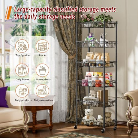 Golpart 6 Tier Basket Shelf Wire Shelving Unit Adjustable Storage Shelves Big Basket Rack for Garage Kitchen Office Pantry Corner 17.2" Dx12.2 Wx63 H Black Golpart