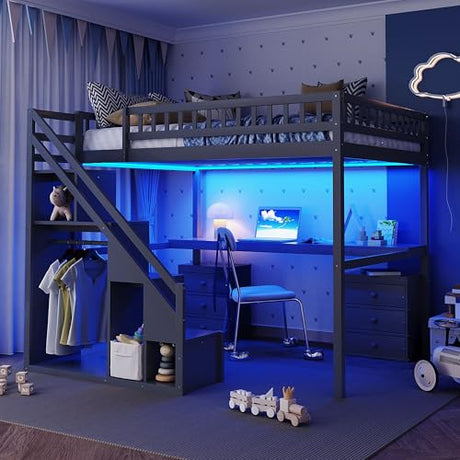 Bellemave Full Loft Bed with Stairs and Shelves, Wood Loft Bed with Two Chest of Drawers, Wardrobe, LED for Kids, Teens, Adults, Gray Bellemave