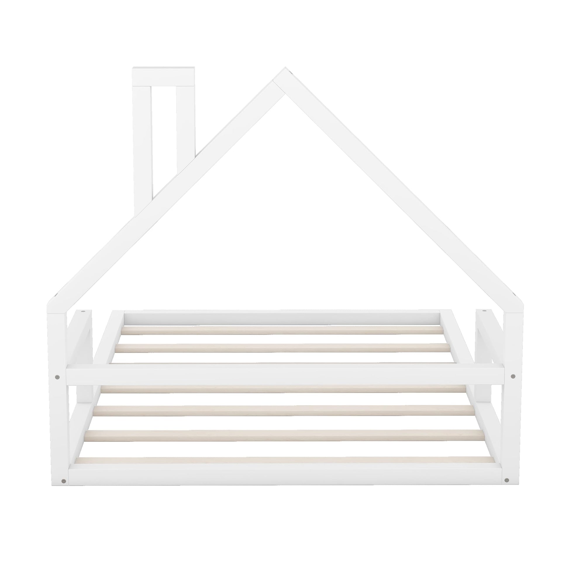 LostCat White Full Size Montessori Floor Bed Frame with House-Shaped Headboard for Kids - WoodArtSupply