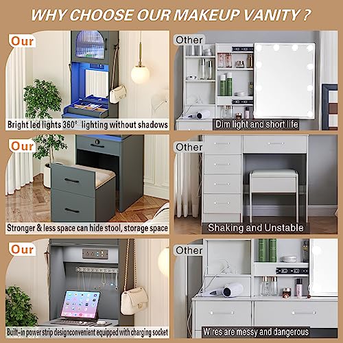 Dystler Makeup Vanity with Mirror and Lights, Vanity Desk with Drawers and Shelves, Makeup Desk with Storage Stool, Compact Vanity Table with Charging Station for Small Space, Grey Dystler