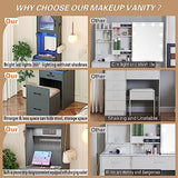 Dystler Makeup Vanity with Mirror and Lights, Vanity Desk with Drawers and Shelves, Makeup Desk with Storage Stool, Compact Vanity Table with Charging Station for Small Space, Grey Dystler