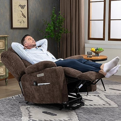 2024 Power Lift Recliner Chair with Full-Body Massage and Heat for Elderly, Hand Remote Control, Upgraded Powerful Motor, Extended Footrest, USB Ports, Stainless Steel Cup Holders, Chenille Brown