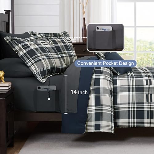 MaiRêve Full Size Comforter Set Navy Blue, Plaid Design Comforter Set 7 Pieces, All Season Comfortable Bedding Sets Full, Lightweight, Soft and Warm (Navy Blue, Full) MaiRêve