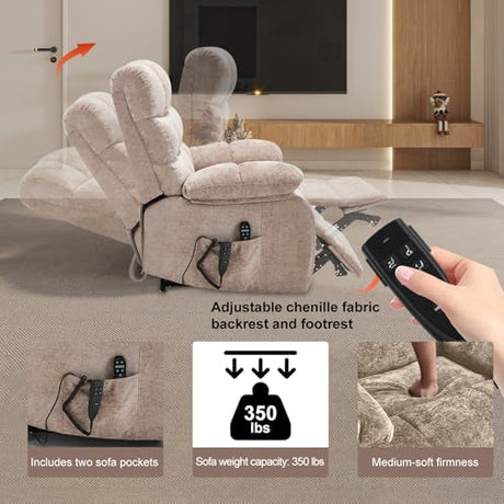 RHHVVR Oversized Power Lift Recliner Chair for Elderly, Dual Motor Lay Flat Recliner Big Chair with Massage and Heating, Chenille Electric Recliner Chairs for Living Room, Medium-Firm, Beige RHHVVR