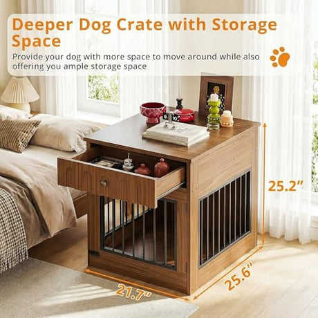 IRONCK Dog Crate Furniture, Wooden Dog Crate with Drawer and Flip-Top Storage, Indoor Dog House End Table for Small Breeds, for Living Room, Bedroom, Walnut IRONCK