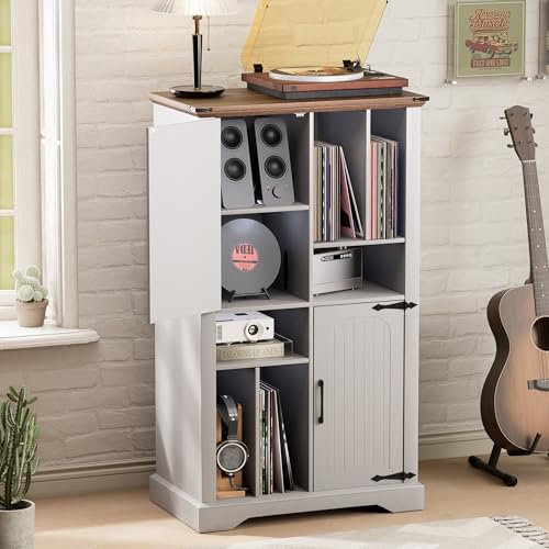 Maupvit Record Player Stand with Vinyl Storage Cabinet, 47" Wood Turntable Table Open and Closed Shelf Holder, 400+ Albums Cube Storage Organizer for Living Room, Office,White Maupvit