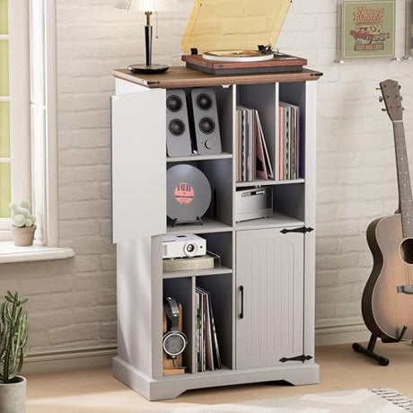 Maupvit Record Player Stand with Vinyl Storage Cabinet, 47" Wood Turntable Table Open and Closed Shelf Holder, 400+ Albums Cube Storage Organizer for Living Room, Office,White Maupvit