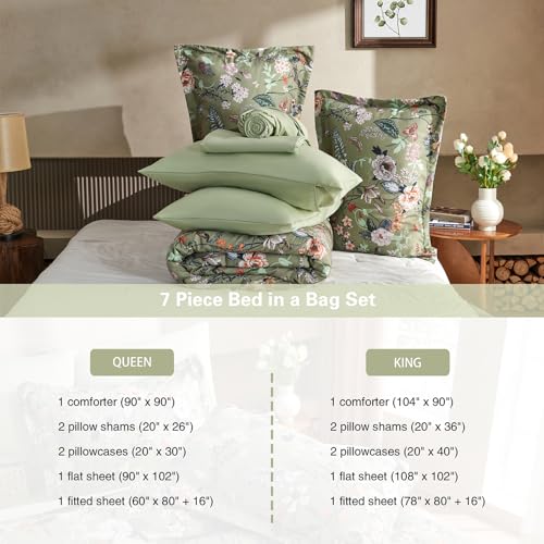 7 Piece King Comforter Set, Sage Green Butterfly Floral Comforter Set with Flowers Leaves Pattern, Soft Microfiber Complete Bedding Set for All Season(Sage Green, King) LLDSYW