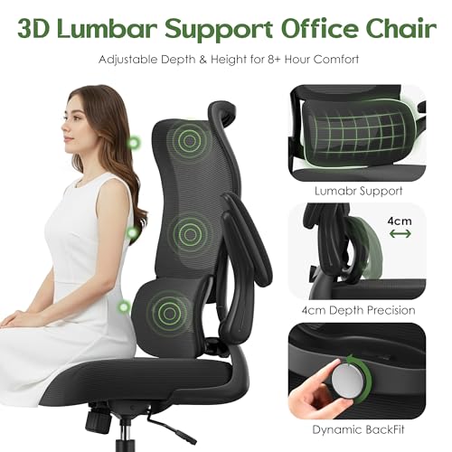 SOMEET Office Chair Ergonomic Desk Chair - Comfy Mesh High Back Office Chair with Lumbar Support Wheel Home Desk Office Chairs Flip up Armrest Executive Rolling Swivel Task Computer Chair Black Silver SOMEET