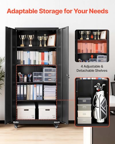 VEVOR Metal Storage Cabinet, 72.6 in Rolling Steel Garage Cabinet with 4 Adjustable Shelves, 2 Magnetic Doors & 2 Keys, 5 Tiers Lockable Tool Storage for Pantry, Warehouse, Basement, Office, Black VEVOR