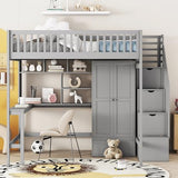 Ball & Cast Full Size Loft Bed with Storage Ladder and Bookshelf,Wooden Bedframe w/Drawers & Wardrobe,Desk,Full-Length Guard Rail,Space Saving,Bedroom Furniture for Student Dorms,Gray Ball & Cast