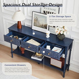 weselon 55.5" Carved Console Table with 3 Drawers, 2-Tier Sofa Table with Glossy Floral Surface and Solid Wood Legs, Mid-Century Modern Entryway Table for Living Room Hallway (Midnight Blue) weselon