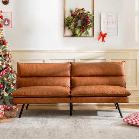 Vyfipt Futon Sofa Bed/Couch,3” Memory Foam Small Splitback Sofa,Faux Leather Modern Loveseat for Living Room,Apartment,Studio,Guest Room,Home Office,71" L (Brown) Vyfipt