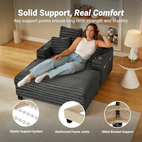 Amsleekey 64" Chaise Lounge Chair Indoor, Oversized Sleeper Chair with Wood Frame, Upholstered Sofa Bed for Living Room, Movie Room, Bedroom with 4 Storage Pockets&2 Cup Holders(Plush Corduroy, Grey) Amsleekey
