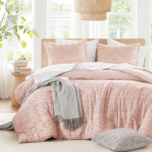 Comfort Spaces Comforter for Queen Size Bed, Geometric Diamond Tufted Boho Comforter Set Queen, All Season Lightweight Bedding Set, Matching Sham, Full/Queen Pink 3 Piece Comfort Spaces