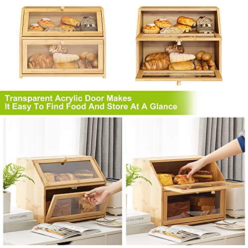 Farmhouse Bread Box for Kitchen Countertop Bread box Double Layer Bamboo Wooden Extra Large Capacity Bin Kitchen Food Storage Container(Natural) - WoodArtSupply