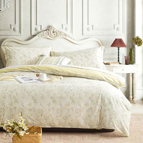 LEMIROE Vintage 100% Cotton Duvet Cover King Size 3PC - Delicate White & Golden Flowers on Beige, Textured Dusty Yellow Back, Botanical Luxurious Bedding Sets with Button Closure (King, 104"×90") LEMIROE