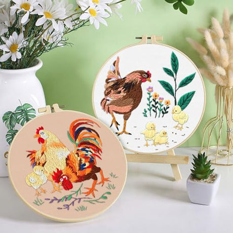 ERKOON 3 Sets Embroidery Kit, Floral Cross Stitch Set for Include Embroidery Cloth Hoops Threads for Craft Lover Hand Stitch (Rooster) ERKOON