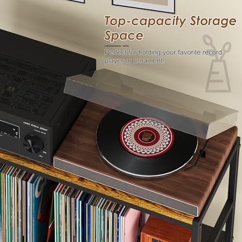 Sonyabecca Record Player Stand with 4 Adjustable Dividers, Vinyl Record Storage Up to 350 Albums, 3-Tier Vinyl Storage Holder with Open Wooden Desktop for Living Room, Bedroom Sonyabecca