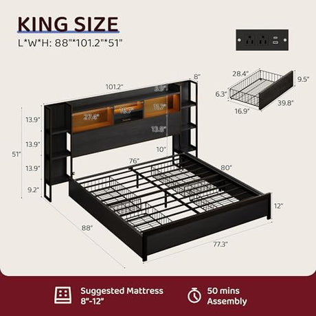 BRELTAM King Size Bed Frame with 4 Storage Drawers and Headboard Featuring Shelf Storage, Wooden Platform Bed Frame with LED Lights and Charging Station, Easy Assembly/No Box Spring Needed/Black BRELTAM