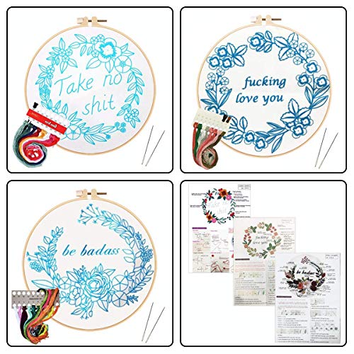 Louise Maelys Embroidery Starter Kit with 3 Hoops for Adults Funny Floral Wreath Pattern for Beginners Needlepoint Kits