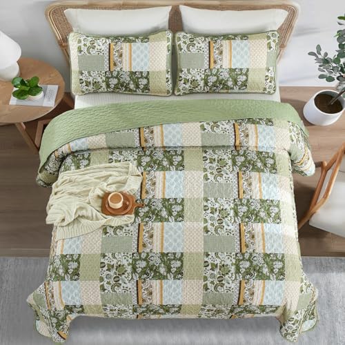 WONGS BEDDING Quilt Set Queen Size Green, 3 Pieces Patchwork Plaid Bedspread Coverlet Set, Floral Soft Microfiber Bedding Set for All Season(96"×90“) WONGS BEDDING